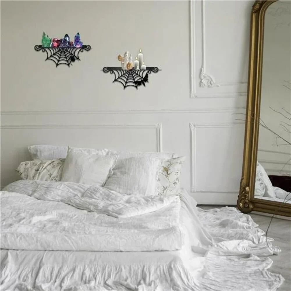 Set of 2 gothic spiderweb wall shelves black crystal display spooky home decor